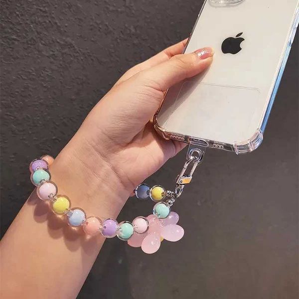Cell Phone Straps Charms Summer Fashion Flower Beaded Phone Wrist Strap Crystal Bracelet Cell Phone Chain Lanyard For iPhone Samsung Airpod