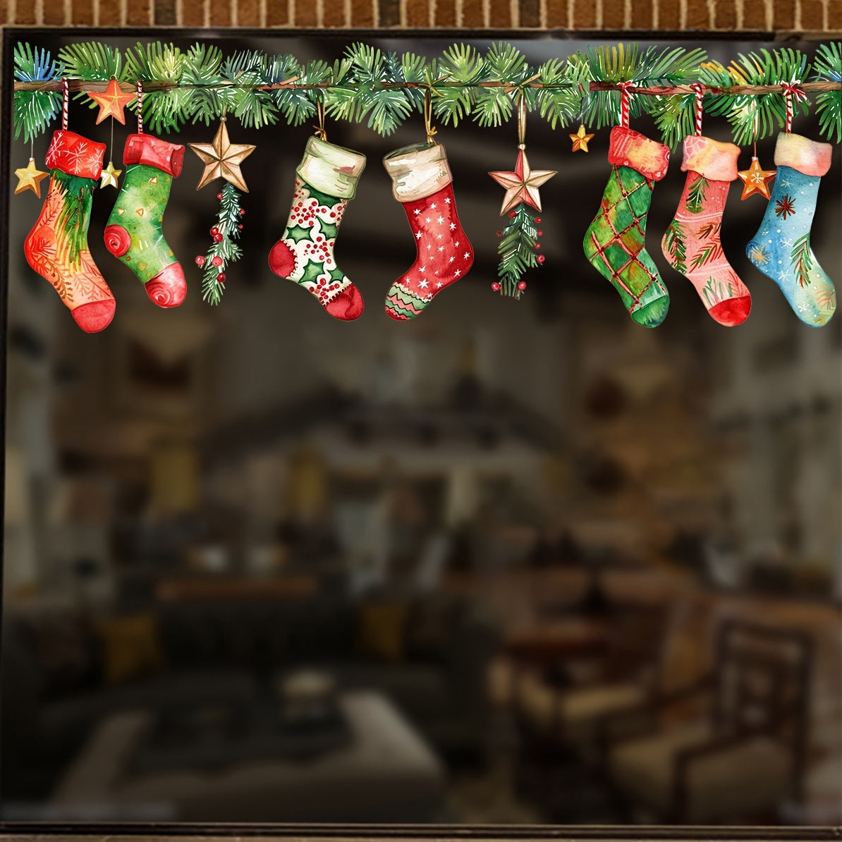 TEMU Contemporary Christmas Stockings & Foliage Window Stickers - Pvc Self-adhesive Holiday Decor With Glossy Finish For Living Room, Entryway,