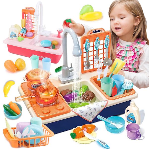 Kitchens Play Food Kids Pretend Kitchen Sink Toys With Cooking Stove Pot Pan Cutting Utensils Tableware Accessories Girls 230