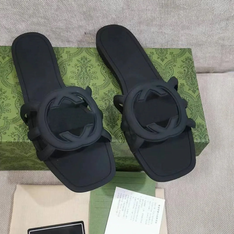 Designer Sandals Women Interlocking Slides Rubber Slippers Ladies Flat Beach Jelly Script Orange Summer Fall Mules