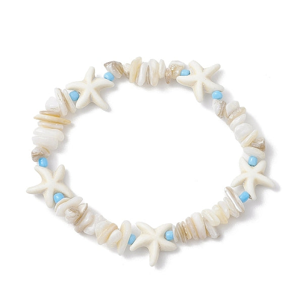 Natural Shell Chip & Synthetic Turquoise Starfish Bead Stretch Bracelets for Women