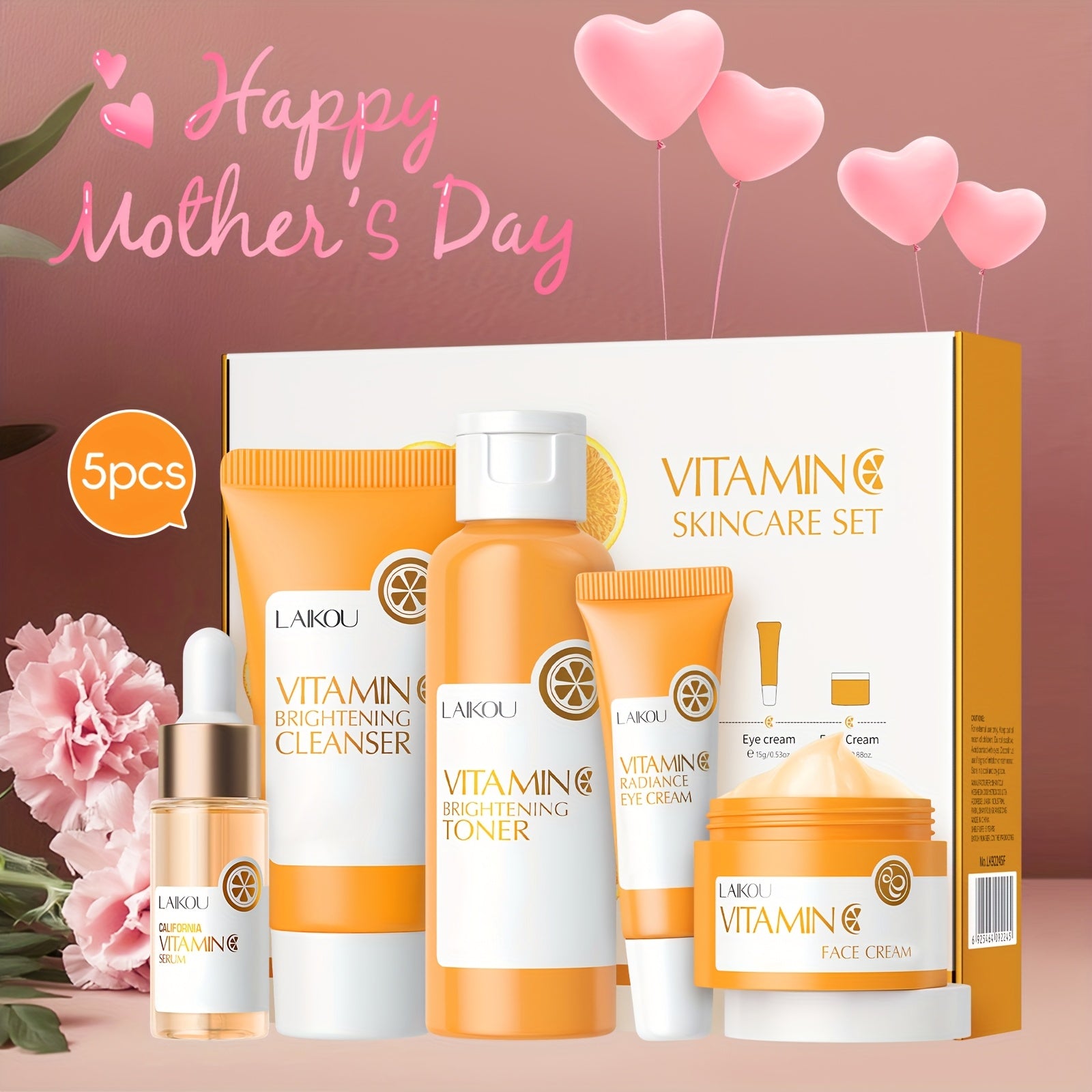 TEMU Vitamin C Facial Care Kit, Hydrating Eye Cream 0.53oz, Moisturizing Serum 0.59fl.oz Nourishing Toner 3.52fl.oz, Soft Foam Facial Wash 1.76oz,