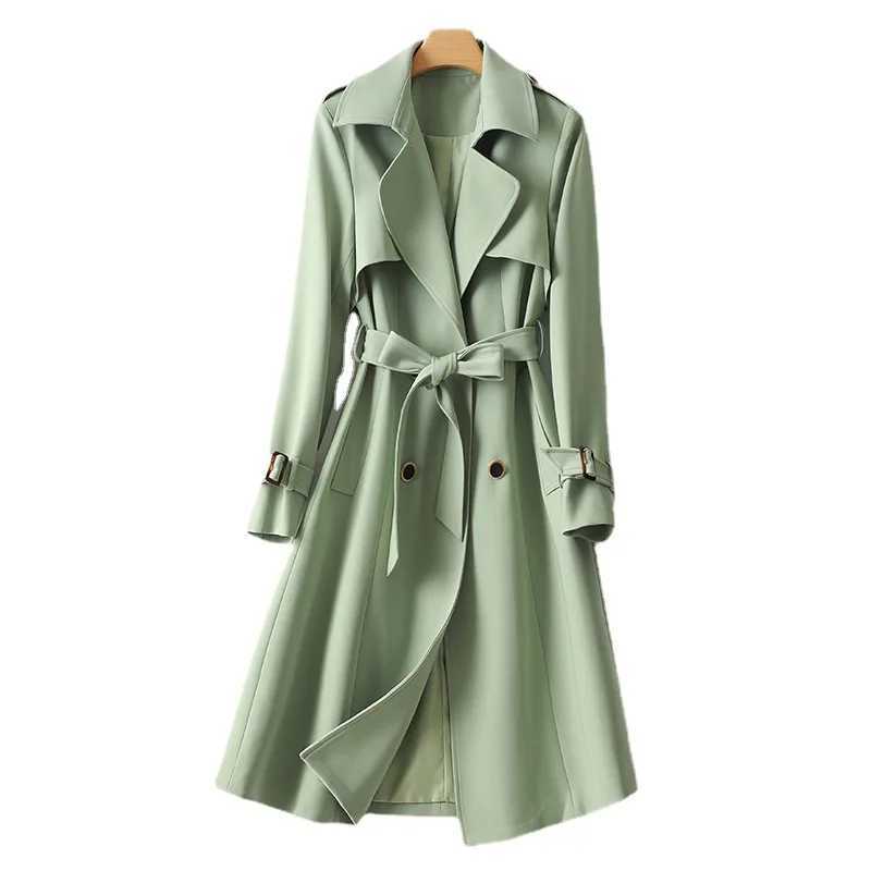 Elegant Long Coats and Jackets Women Light Green Lapel Belted Spring Autumn Trench Coat Office Lady Windbreaker New in OuterwearX240921