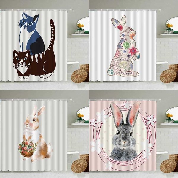 Cat Rabbit Animal Print Floral Home Decor Shower Curtain Waterproof Polyester cortina de la ducha Y240815