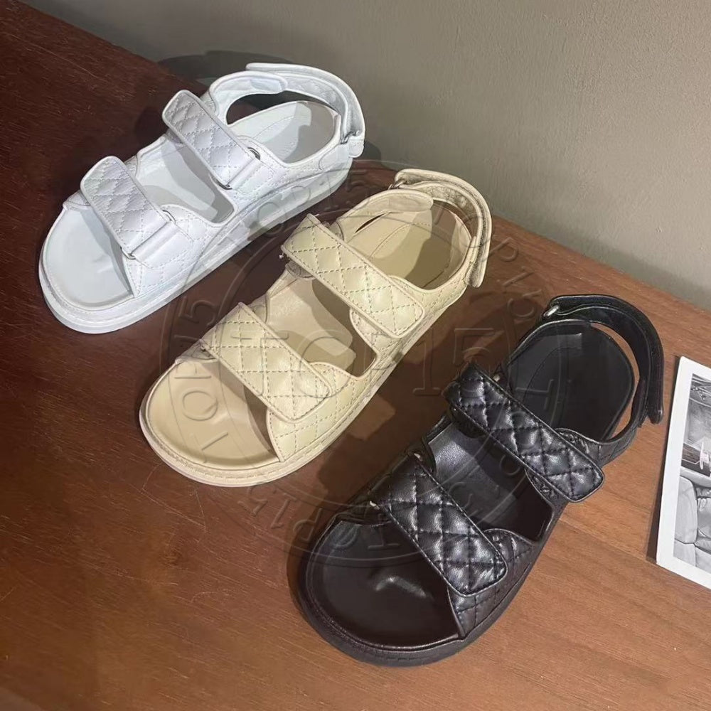 Women Calfskin Dad Sandals shoes Quilted Summer Designer Sandles Shoes Platform Flats Low Heel Wedge Diamond Buckle Sandal Slip On Ankle Strap SFlip