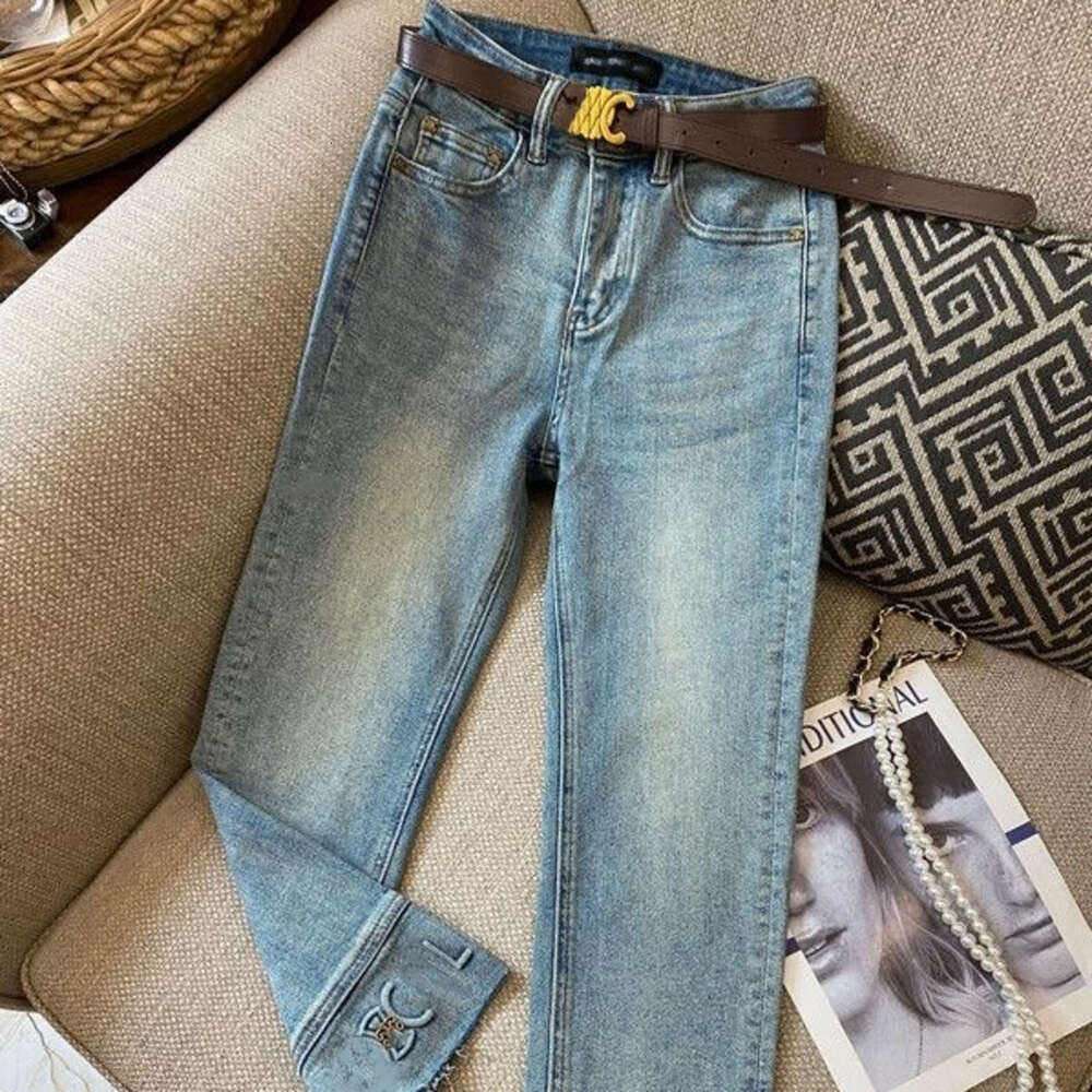 Women's Jeans Plus Size women jeans designer pants fashion metal charm letter graphic nine-quarter denim Pants high-waisted loose-fitting strai