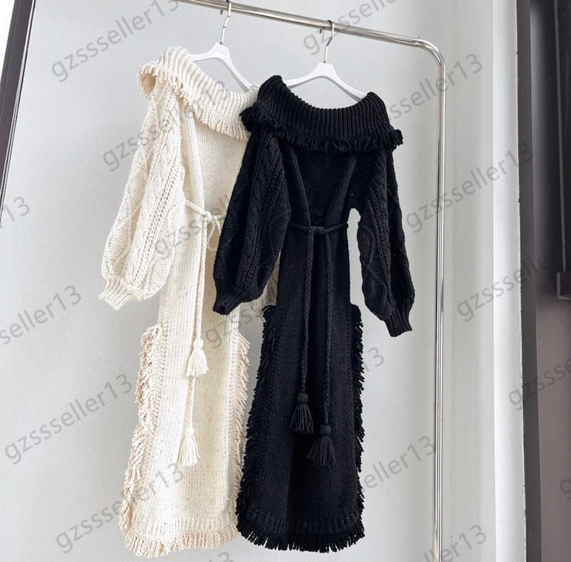 Dress Womens Designer Clothing Casual Dresses Flat Shouders Eversion Fringe Neckline Lantern Long Sleeve Dress Lacing Slim Knitting Maxiskit Woman C
