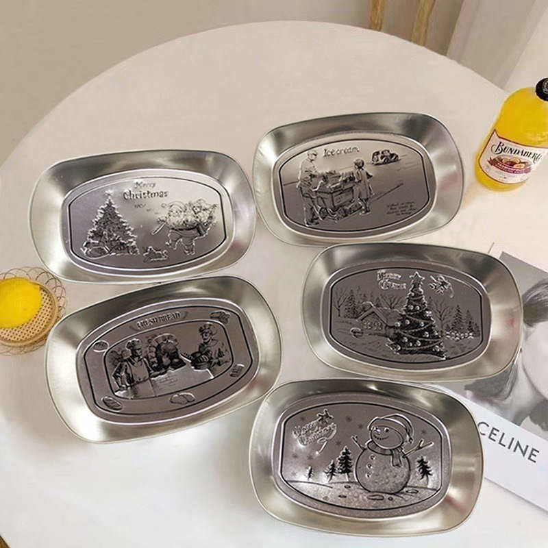 Christmas Theme Stainless Steel Boat Pallet Tin Plates Trays Home Outdoors Camping BBQ Dishes Dinnerware Fruit Cake Chicken Dinner Metal Storage Ser