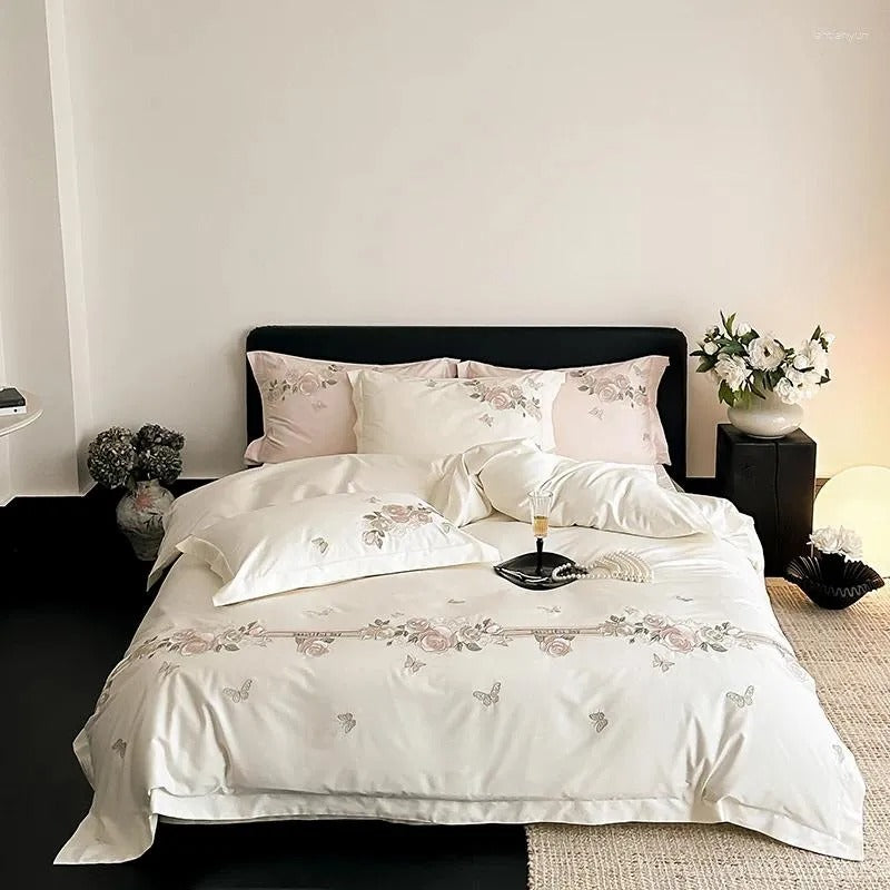 Nordic Silk Bedding Set with Duvet Cover Bed Sheet Pillowcase Luxury Couple Single Double Summer 1-2 People Solid Bedsheet