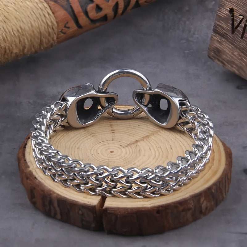 TEMU Stainless Steel Double Wolf Head Bracelet, Stylish Retro Punk Mesh Chain, Hip-hop Rock Trendy Jewelry, , Non-magnetic, Clothing, Shoes, Hats And