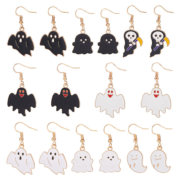 8 paire de boucles d'oreilles pendantes en émail fantôme d'Halloween de 8 styles