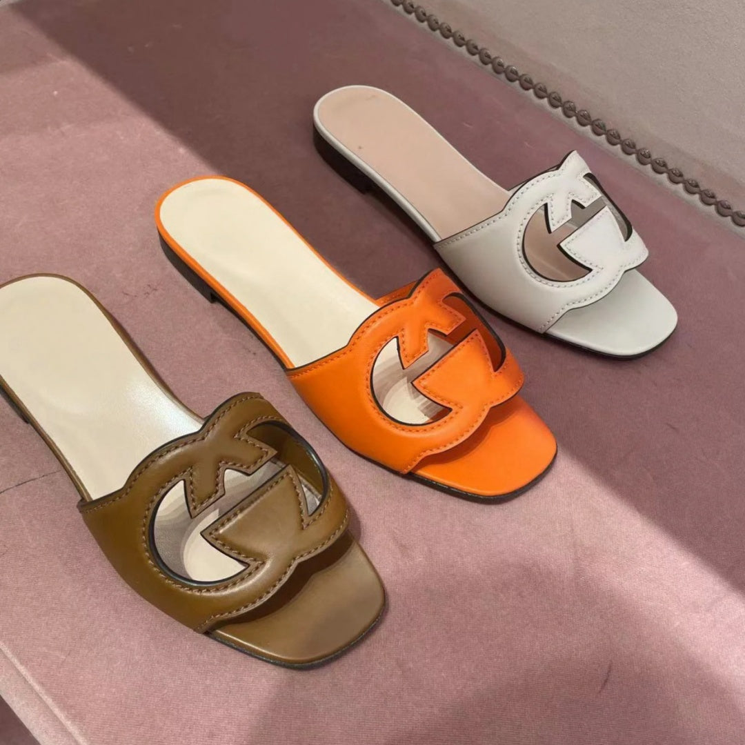 Designer Women&#039;s Slippers Brand Sandals Flat Heels Fashionable Versatile Leather Casual Comfortable Sizes 35-44