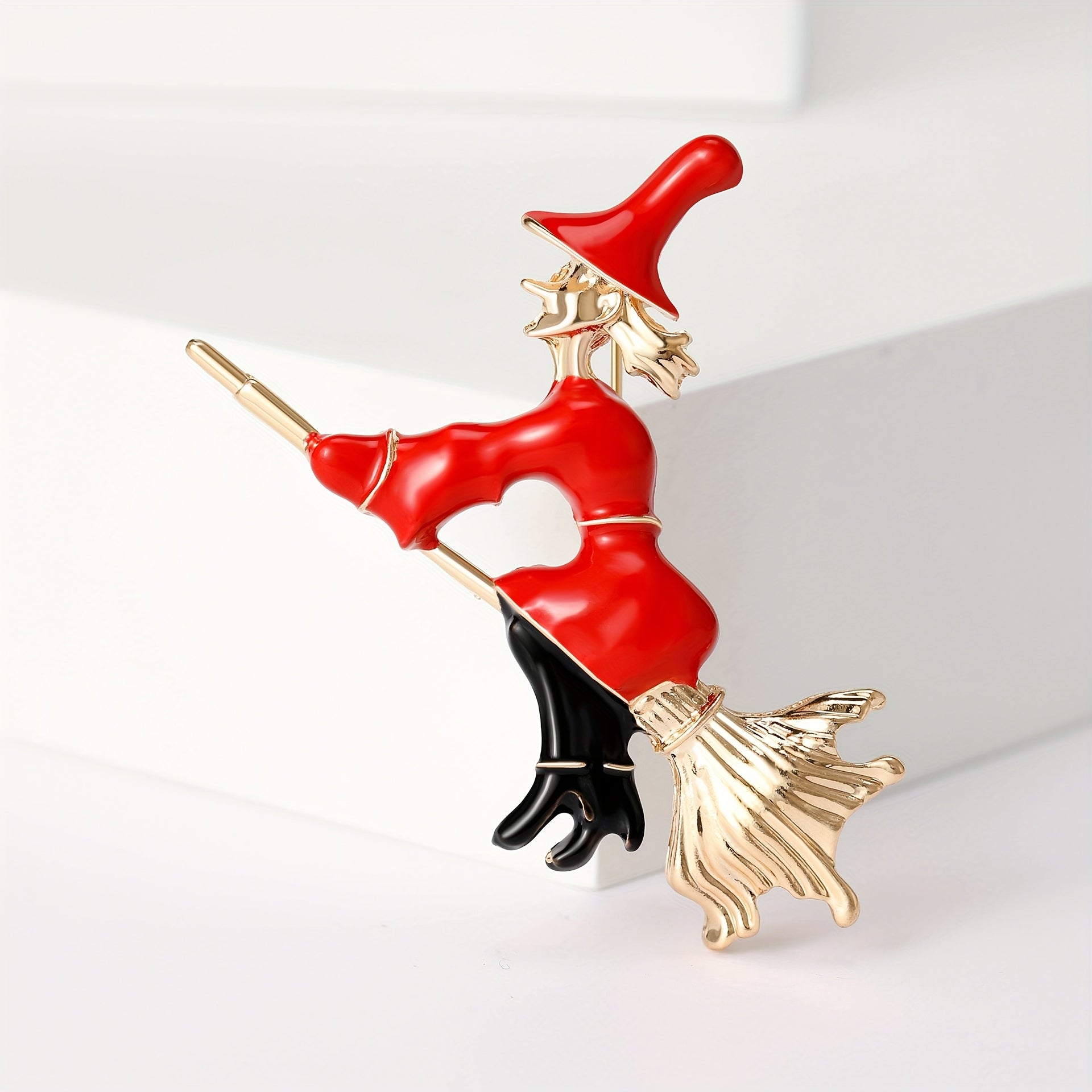 TEMU Fantasy Halloween Brooch, Featuring A Broomstick-riding With Vibrant Red And Black Colors For . Exquisite Details An Alloy-textured Broomstick.