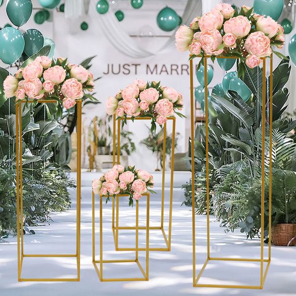 10PCS Gold Flower Vase Floor Vases Column Stand Metal Road Lead Wedding Centerpiece Flower Rack For Event Party Decoration