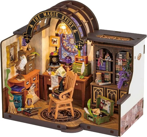 Robotime Rolife Magic Research DIY Mini House with Many Notebooks Dollhouse Decoration 3D Wooden Puzzle DG166 241211