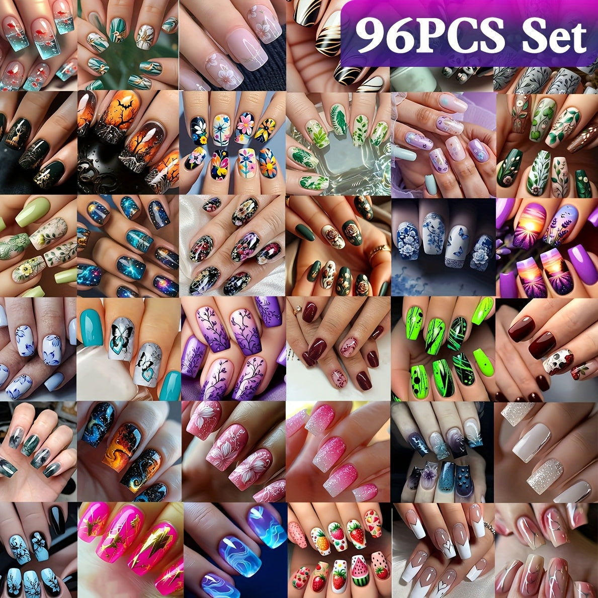 TEMU 96pcs Surprise Random Style Art Nails, , Glossy Finish, 36 Diverse Style Element Patterns, Removable Medium-length Reusable Press-on Fake Nails,