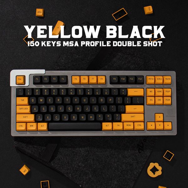 150 Keys Keycaps Double Shot MSA Profile Keycap English Custom Yellow Black Bumblebee For Gaming Mechanical Keyboard 61-64-68