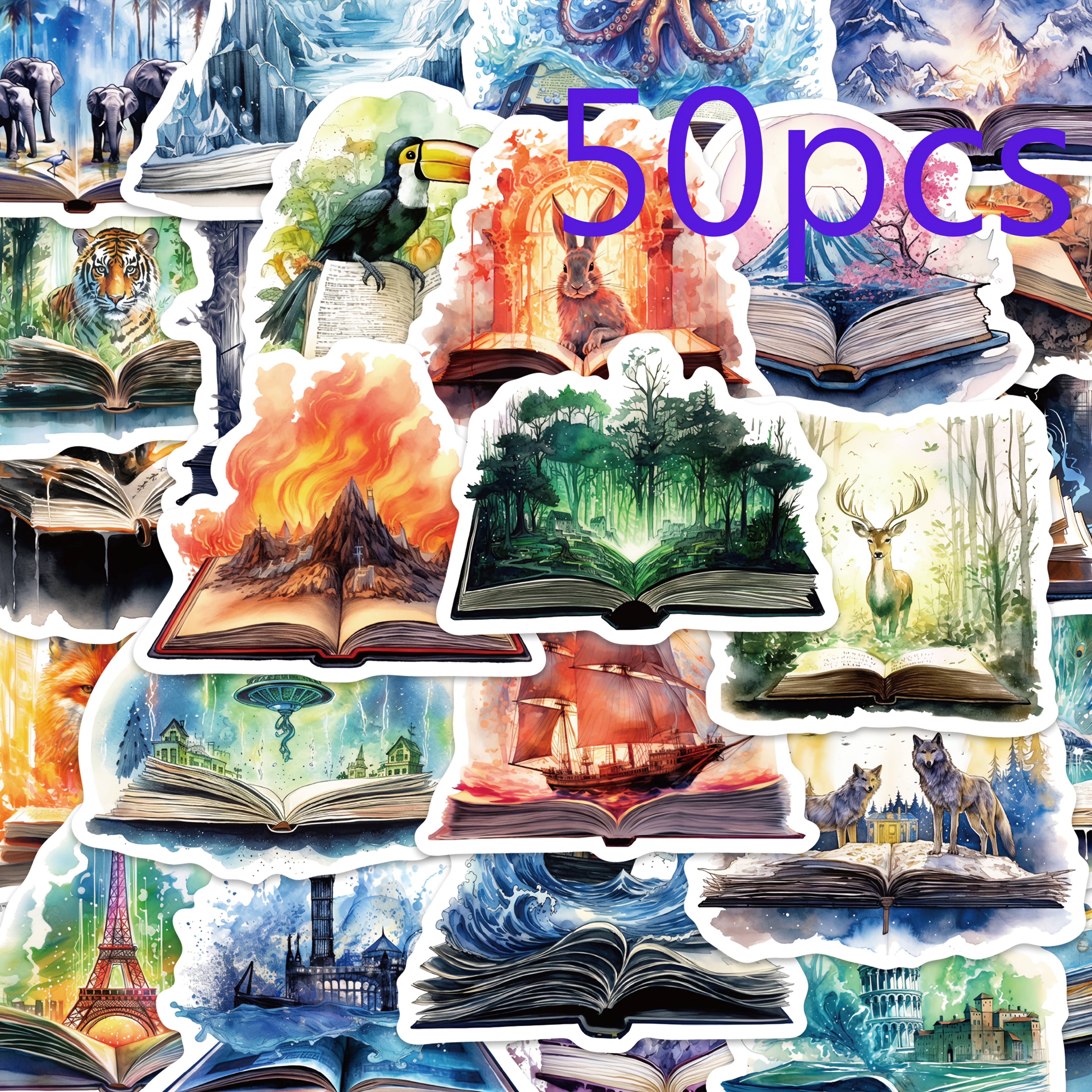 TEMU 50-pack Ywwbld Fantasy Magic Book Stickers, Cartoon Pattern, Pvc Self-adhesive Decals For Luggage, Laptop, Phone Case, Journal, Tablet, ,