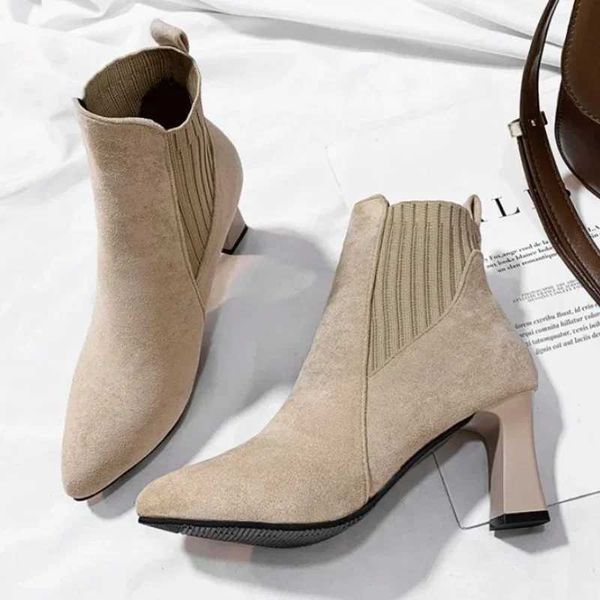 Ankle Boots Women Autumn Pointed Toe Knitted Warm Elastic Womens Shoes Casual High Heels Platform Boots Botas De MujerC241119