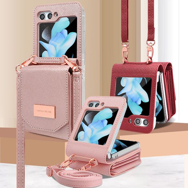 Luxury Crossbody Hinged Phone Case for Samsung Galaxy Folding Z Flip 6 5 4 3 5G Stylish Women Lanyard Multiple Card Slots Cross Grain Leathe