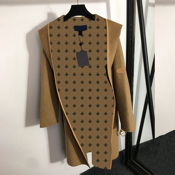 Camel Wool Coat Small Letter Jacquard Blends Outerwear Women&#039;s Clothing Winter Latest thermal Coats With Belt