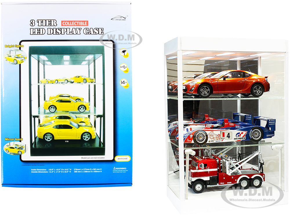 White Display Showcase Desktop 3-Tier with Two Adjustable Shelves and LED Lights White for 1-18 1-24 1-32 1-43 1-64 Scale Models