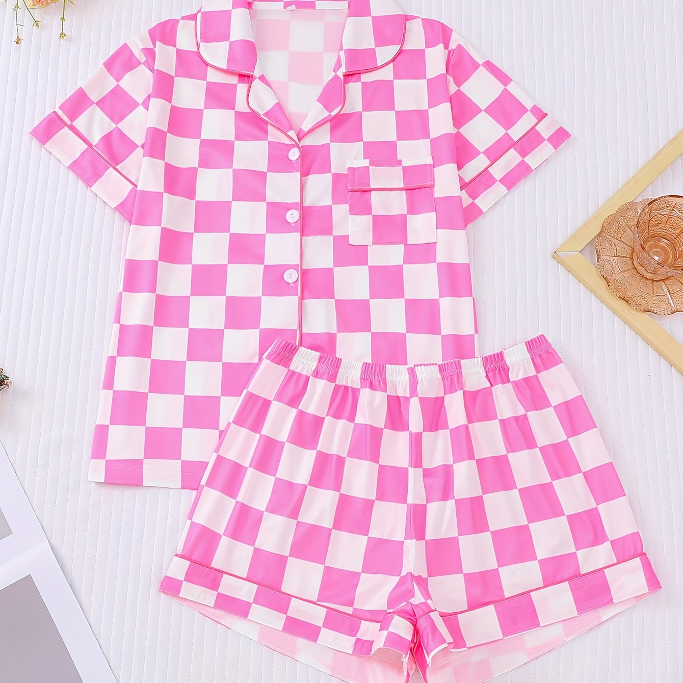 TEMU 2 Piece Women's Sleepwear Set, Knitted Fabric, Short Sleeved Button Top, Matching Shorts, Full Body Print, Elegant Sleepwear Set, Collar And