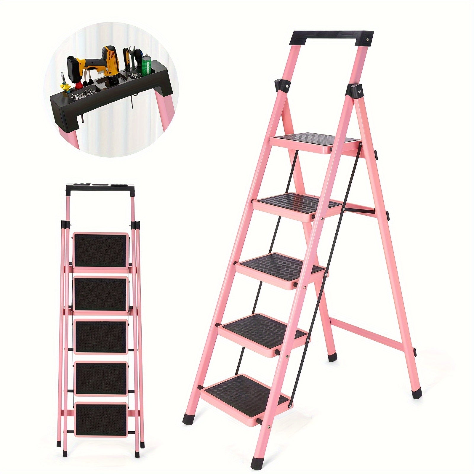 TEMU Ladder, Folding Step Stool With Anti-slip Wide Sturdy Pedal And Handgrip, Portable Lightweight Aluminum , Multi-use For Home, Library, Garage