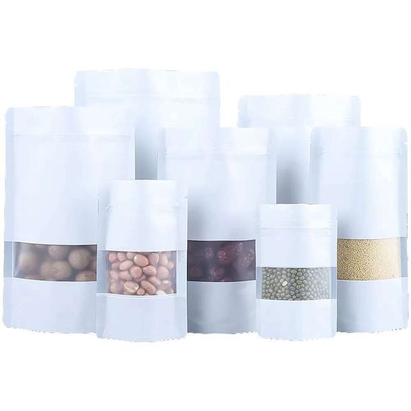 100Pcs White Aluminum Foil Frosted Transparent Window Stand Up Bag Food Candy Snacks Dried Fruit Reusable Reclosable Zip Lock