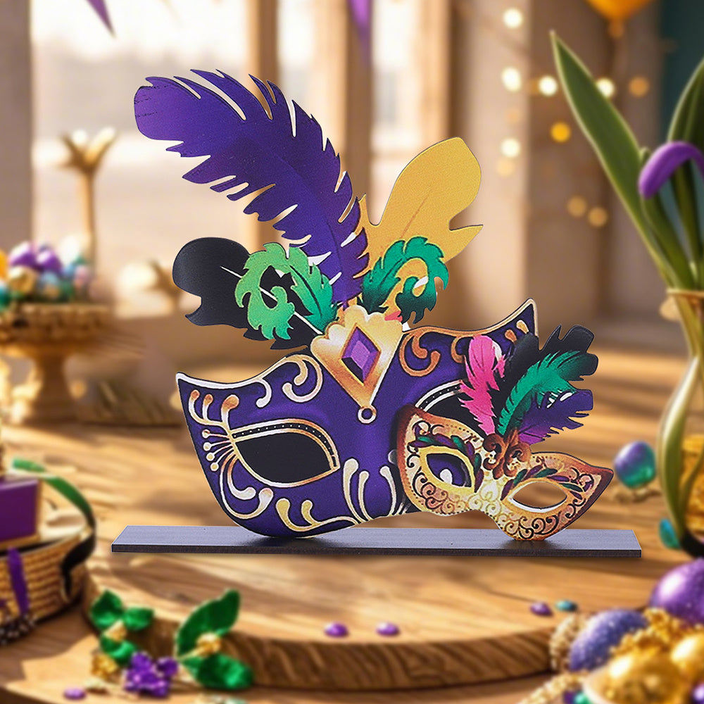 TEMU 1pc Festive Mardi Gras Feather Mask Wooden Ornament - Colorful Carnival Tabletop Decor With Intricate Golden Patterns, Shelf Display Or Table
