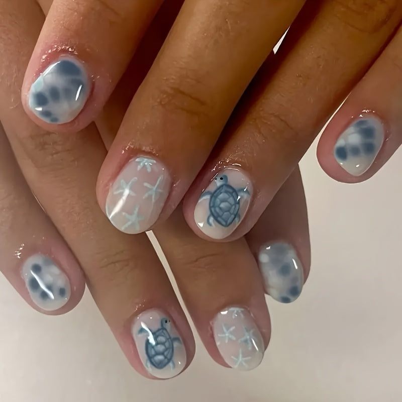 TEMU 24pcs Short Square Press-on Nails With Shell And Starfish Design, Turtle & Ocean Theme | Beach Nail Art | Glossy Finish With Jelly Glue