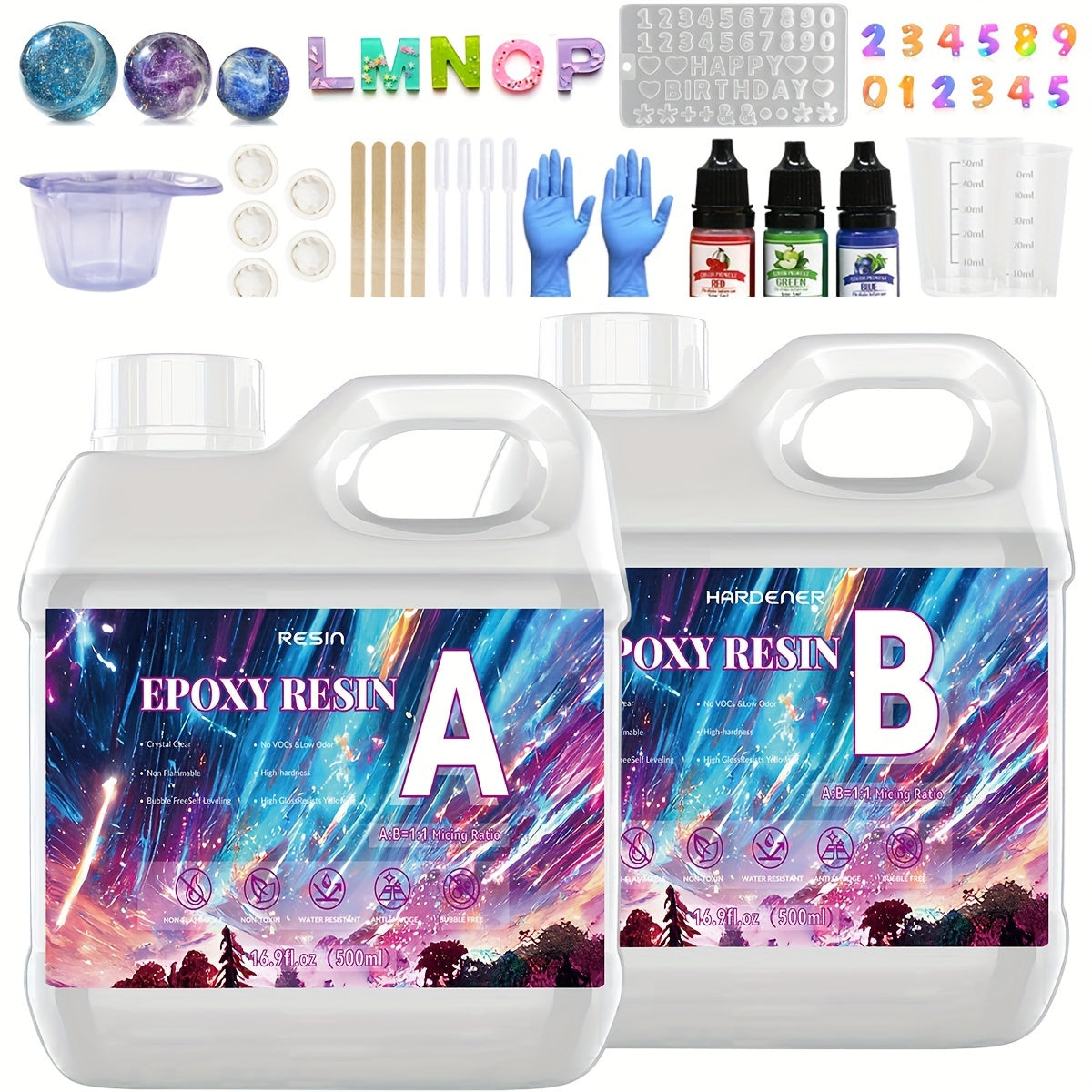 TEMU Epoxy Kit 33.8oz (1000ml) With Measuring Cup, Stir Bar, Gloves, Resin & Hardener, No Bubble Art Resin, High Gloss Fast Curing Resin Epoxy For