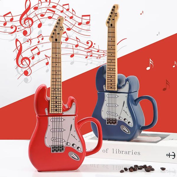 Creative Guitar Cup Shape Mug With Lid Novel 3D Ceramic Cup Fashion Craft Gift Decoration Tea Cups Coffee Mugs Funny Friend Gift 240830