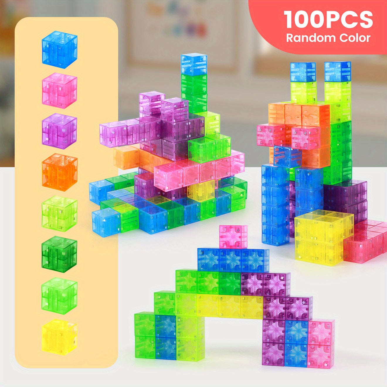 TEMU 100pcs Magnetic Building Cubes Transparent Colorful Stem Puzzle Set For Creative Construction & Color Recognition Diy Blocks For Imagination,