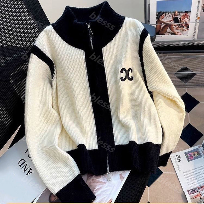 Sweater Womens Designer Knitted Cardigan Luxury Jacket Tops Autumn Winter Coat Embroidered Stand Up Collar Color Blocked Long Sleeve Sweater DPD2411