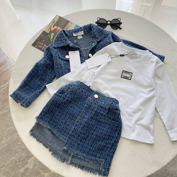 Lady style Children clothes sets girls denim long sleeve outwear letter T-shirts with Irregular edge skirts 3pcs 2024 autumn kids cowboys ou
