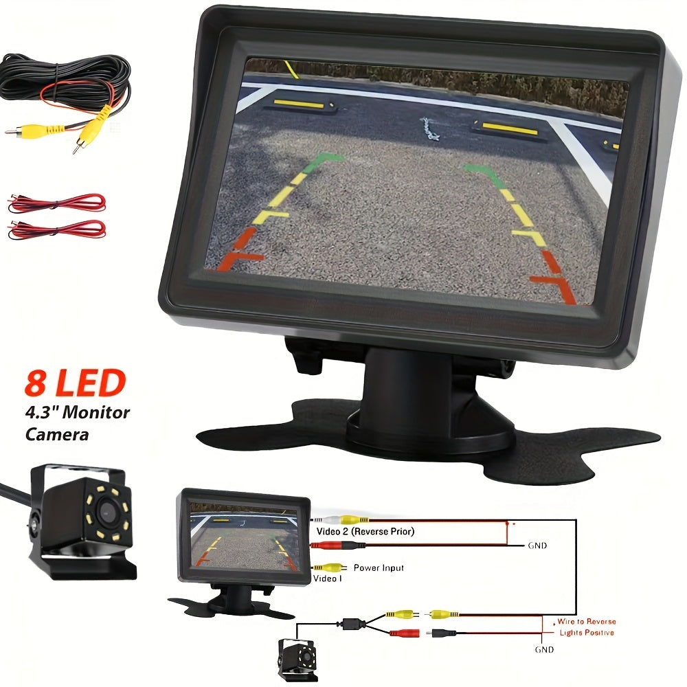 TEMU Backup Camera Car Rear View Hd Parking System With Night Vision + 4.3" Monitor, 8led Lights & For Safe Reverse Driving - Perfect For And Pickup