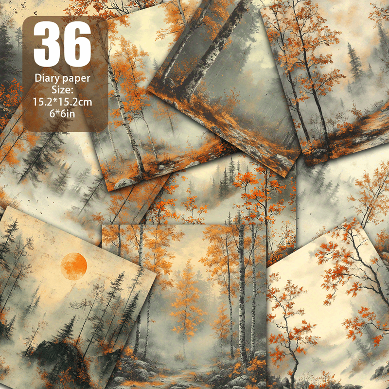 TEMU 36 Sheets Of 6x6 Inch Vintage Autumn Forest Scenery Diary Paper - , Green & Brown Tones With Rough Bark & , Ideal For Scrapbooking, Crafts &