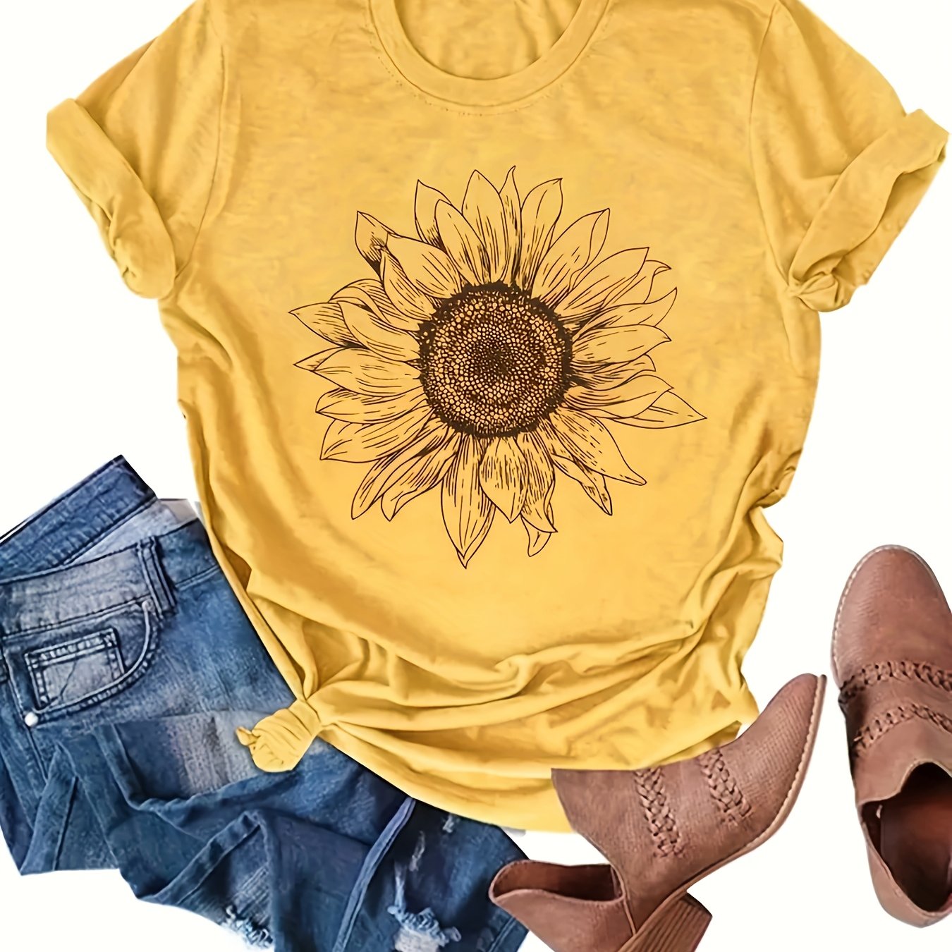 TEMU Women' Blue Floral Print T-shirt - Casual Short Sleeve, Round Neck, Loose Fit, Comfortable Summer Top With Sunflower Design, Casual Attire And