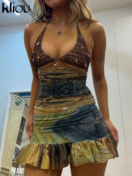 kliou Party Style Women 2Piece Set Halter Knit Patchwork Backless TopsRuffle Vintage Print Skirts Female Attractive Club Outfit 250113