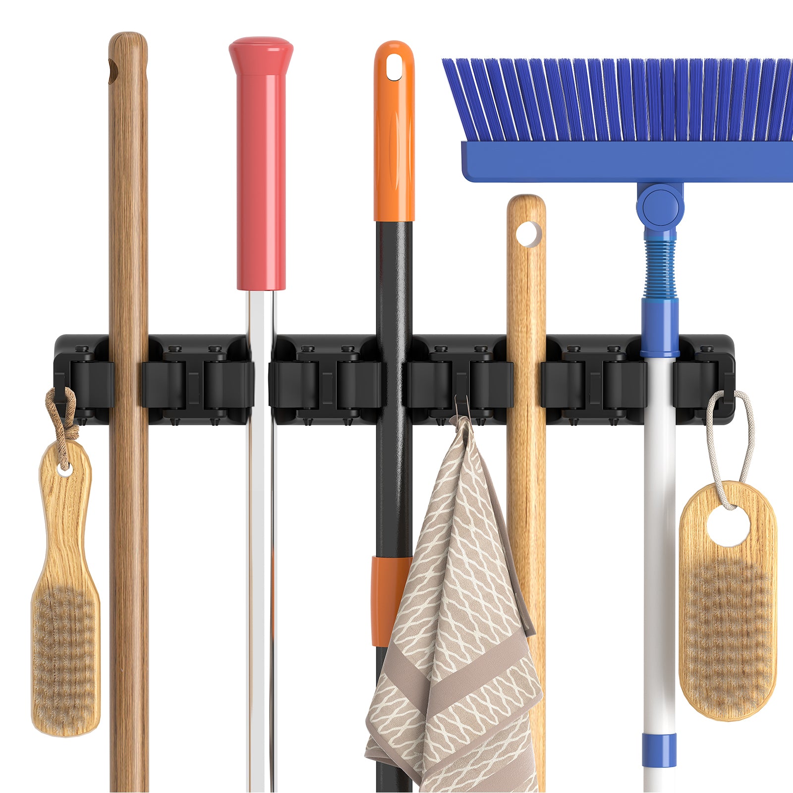 TEMU 5 Slot 6 Hooks,mop And Broom Holder Wall Mount, Anti-slip Broom Hanger For Kitchen Organization, Heavy Duty Cleaning Supplies Organizer, Tool