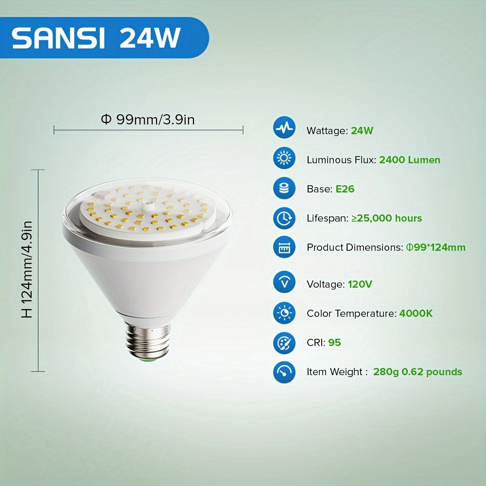 TEMU Sansi Br30 24w Full Led Grow Bulb, 200w Equivalent Plant , 120° Angle For Indoor Plants, Seed Starting And Flowering, 4000k Daylight, E26 Base