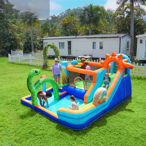 Children Outdoor Inflatable Water Slide Tropical Island Design with Dino Theme Ideal for Summer Party Games Adventure Parks Fun Playground Y