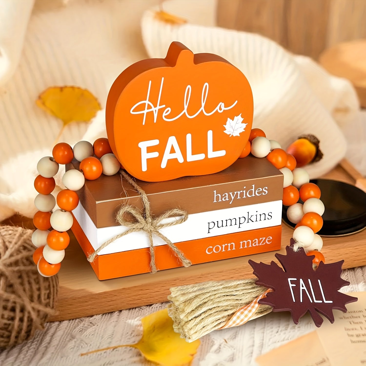 TEMU Fall Tiered Tray Decor, Thanksgiving Decor, Wood Book Stack With And Fall Bead Garland, Fall Decor For Table, Farmhouse Mini Decorative Books