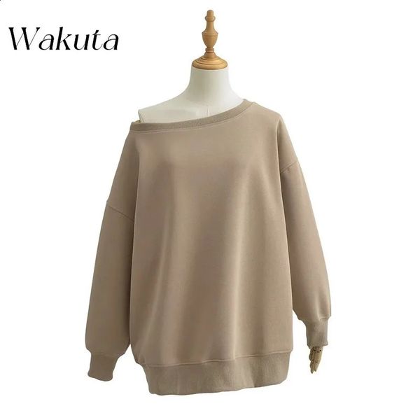 WAKUTA Autumn Retro One Word Collar Off Shoulder Long Sleeve Solid Hoodie Lazy Loose Large Edition Casual Sports Sweatshirts 240918
