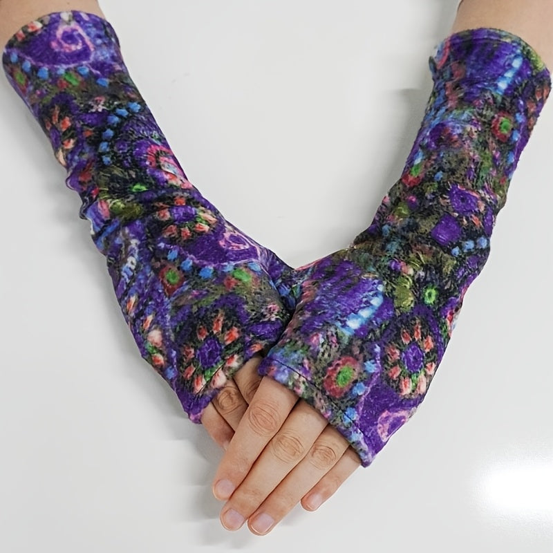 TEMU 1 Pair Retro Women's Plush Fingerless Gloves, Extended Length, Decorative Warm Novelty Print, Knitted Polyester, Machine Washable