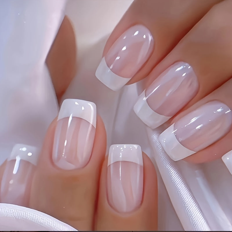 TEMU 72pcs French , Glossy Nude And White, Short Square Acrylic Fake Nails, Women's Reusable Nails, Suitable For Parties And Special Occasions, Easy