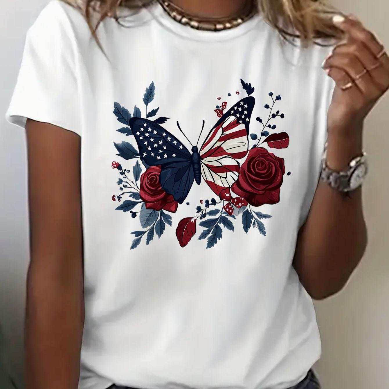 TEMU Women's Casual Crew Neck T-shirt With Patriotic & - Lightweight, Breathable Polyester Tee For All - Casual Attire, Top | Floral Print Top |
