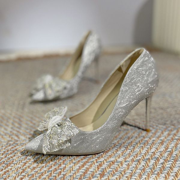 bg 30d28 crystal bridal tacones beading bow wedding high heels female designer sier heeled pumps ladies stiletto work shoes