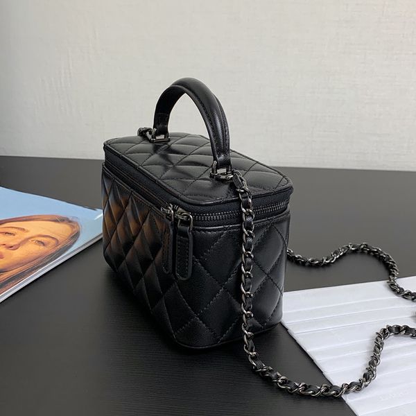 Luxury Lambskin Vanity Case with Handle - Designer Cosmetic Bag & Top Mirror Quality Chain Purse with Box 24C20F